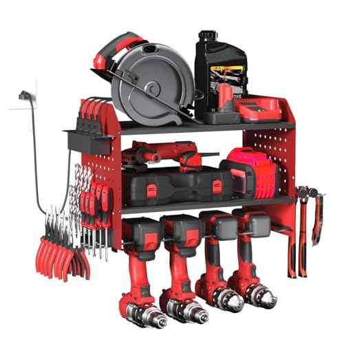 Lisgicabin Power Tool Organizer Wall Mount, 3-Layer Charging Station with 4 Outlets, Heavy Duty Drill Storage Rack with 4 Drill Holders & Drill Bit Rack, Efficient Storage for Garage & Workshop (Red)