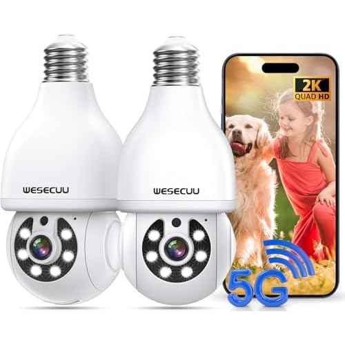 WESECUU Light Bulb Security Camera, 2.4G/5G WiFi Security Cameras Wireless Outdoor,Bulb Camera for Home Security, 2-Way Talk, Human Detection, Color Night Vision, Compatible with Alexa (Two Pack)