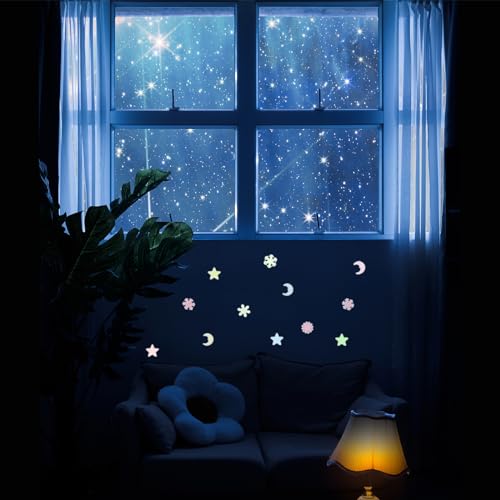 uxcell 50pcs Glow in The Dark Snowflake Fluorescent Plastic Wall Stickers Adhesive Murals Decals for Home Art Ceiling Bedroom Wall Decorations, White