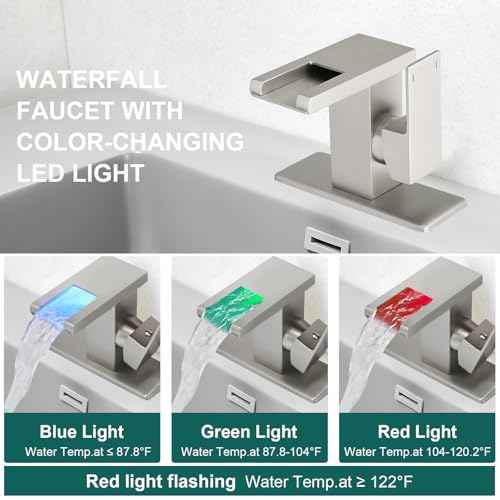 Hoimpro LED Waterfall Bathroom Faucet Brushed Nickel, Single Handle Bathroom Sink Faucet 1 Hole, 3 Colors Light Changing, with Pop-up Drain and cUPC Supply Lines, Stainless Steel