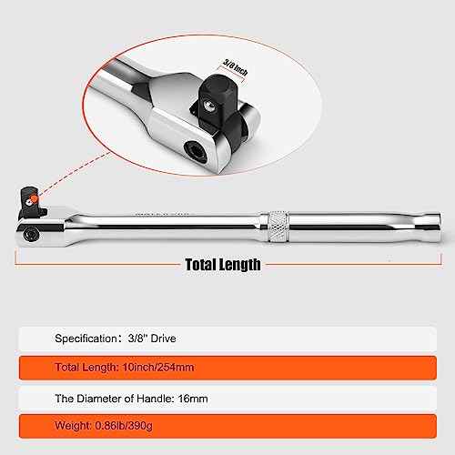 3/8'' Drive Breaker Bar, 10 Inches Long Extension Breaker Bar with 180-Degree Cr-V Flex Head and Engraved Non-slip Handle, Polished Finish, Home Use Socket Wrench