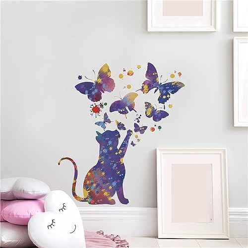 Fantasy Starry Sky Cat Butterfly Wall Stickers,sacinora Cartoon Kitten Animal Wall Decals Removable Vinyl Peel and Stick for Living Room Nursery Children's Room Bedroom Art Decorations