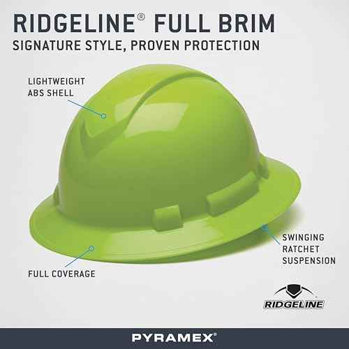 Pyramex Ridgeline Full Brim Hard Hat 4 Point Ratchet Hi Vis Lime