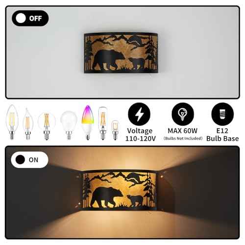 Farmhouse Bear Wall Sconces, E12 Base Rustic Industrial Wall Lights for Bedroom, Living Room, Hallway, Stairway, and Porch Lighting