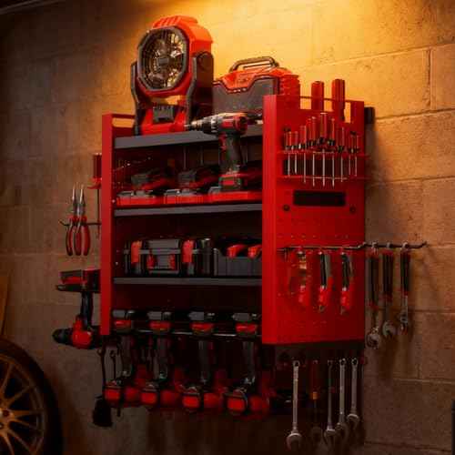 Small Power Tool Wall Mount Tool Organizer ? Garage Storage Rack,Space-Saving Workshop Shelf (Red)