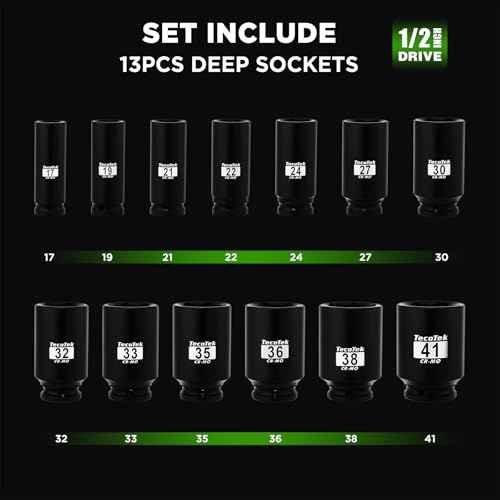 1/2" Drive Deep 6-Point Impact Socket Set, 13-Piece Spindle Axle Nut Impact Socket Set, Cr-Mo, Metric (17mm to 41mm), Enhanced Storage Case
