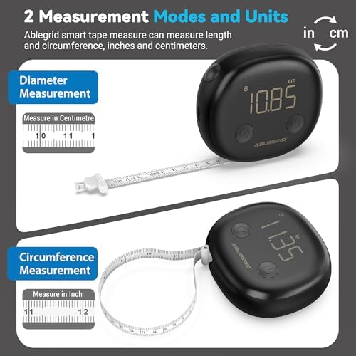 ABLEGRID Smart Body Tape Measure,Rechargeable Body Measuring Tape with Fitdays APP,Accurate Retractable Digital Body Measurement Device Tool for Muscle Gain,Weight Loss,Fitness,Locking,60in/150cm