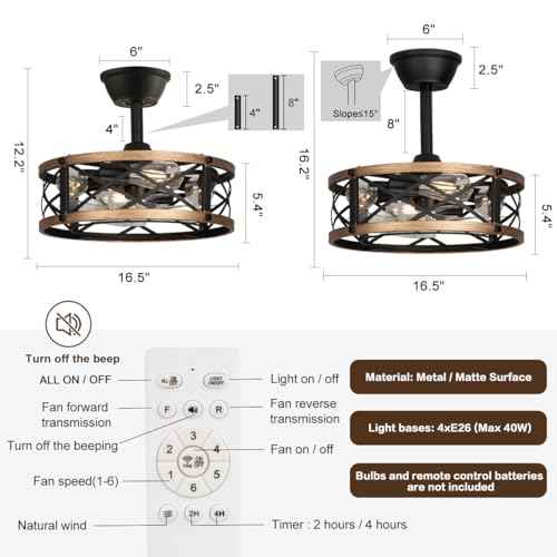 16.5" Farmhouse Caged Fandelier Ceiling Fan with Light, Rustic Bladeless Small Ceiling Fans with Lights and Remote, Modern Enclosed Ceiling Fan with Light for Kitchen, Bedroom, Small Room