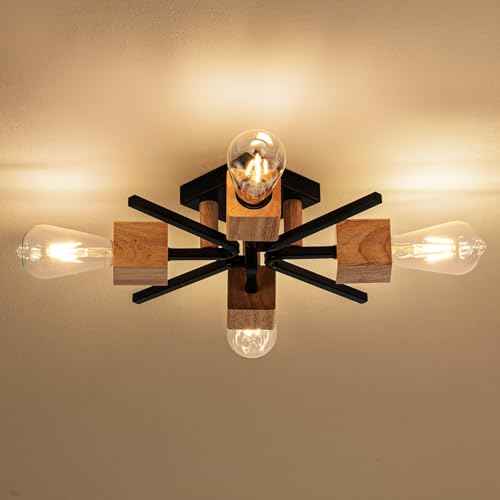 4 Light Sputnik Light Fixture Black Flush Mount Lights Industrial Ceiling Light Wood 22" Modern Farmhouse Ceiling Lights for Kitchen Bedroom Bathroom Foyer Hallway(E26)