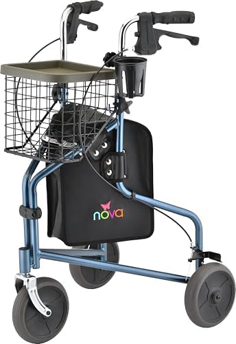 NOVA Traveler 3 Wheel Rollator Walker, All Terrain 8” Wheels, Includes Bag, Basket and Tray, Blue