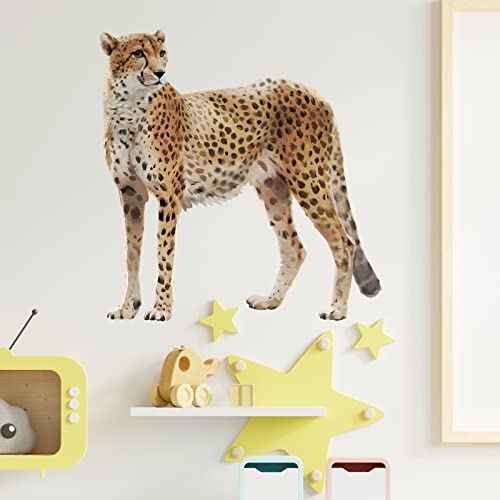 Lifelike Standing Cheetah Wall Decal Nursery Tropical Animal Leopard Wall Sticker Removable Peel and Stick Wall Art Decor Stickers for Kids Baby Classroom Preschool Living Room Bedroom School