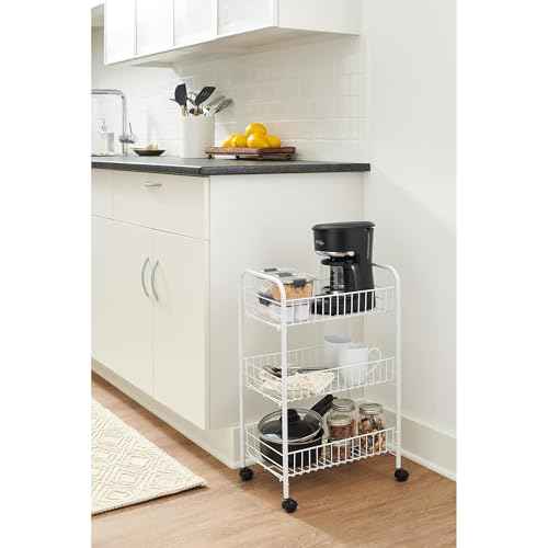 Rubbermaid 3-Tier Shelving Wheeled Organizer, Wire Adjustable Metal Storage Cart, for Office/Kitchen/Bedroom/Laundry Home Use, White
