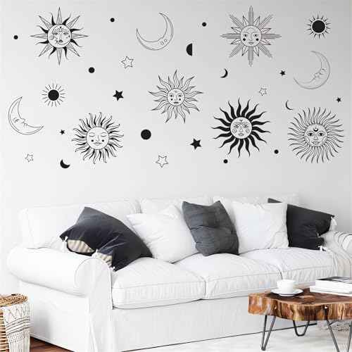 Gothic Sun Moon Star Wall Stickers, sacinora Human Face Crescent Wall Decals Removable Vinyl Peel and Stick for Living Room Bedroom Boho Ethnic Home Decorations