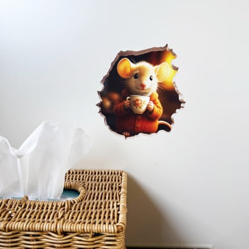 GRITKULTURE Removable Mouse Having Coffee in Mouse Hole Decal Sticker 5.1inch 2 Pack. Mouse Hole in The Wall Sticker with 3D Effect. Wall Decoration, Funny Gift, Potty Training, Prank (#4)