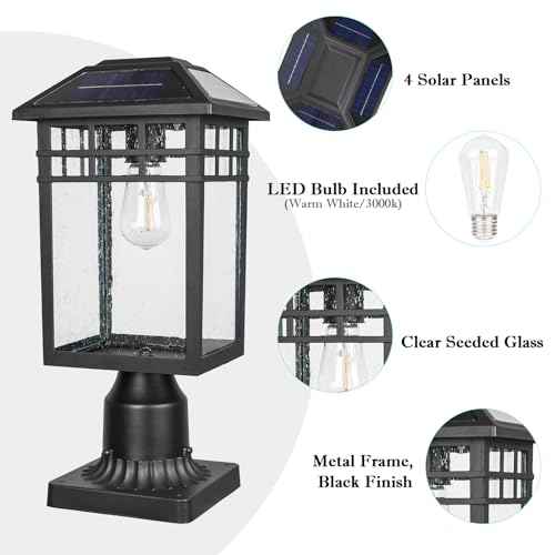Solar Outdoor Post Light Fixture, Modern Exterior Pillar Lantern with Black Finish & Seeded Glass, Dusk to Dawn Outside Pole Light for Garden, Backyard, Courtyard, Patio, Pathway
