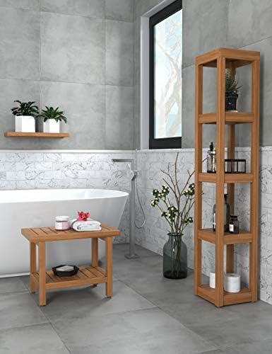 AquaTeak The Original 24" Spa Teak Shower Bench with Shelf (Bench + Teak Oil)