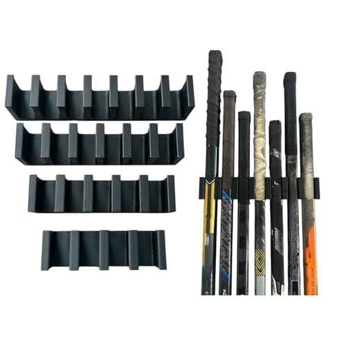 ? 3D Printed Wall Mount Hockey Stick Holder with Clip-in Hold System | Heavy-Duty No-Drill Adhesive Mount | Fits 7 Sticks (Senior, Intermediate, Junior, Youth) | USA-Made