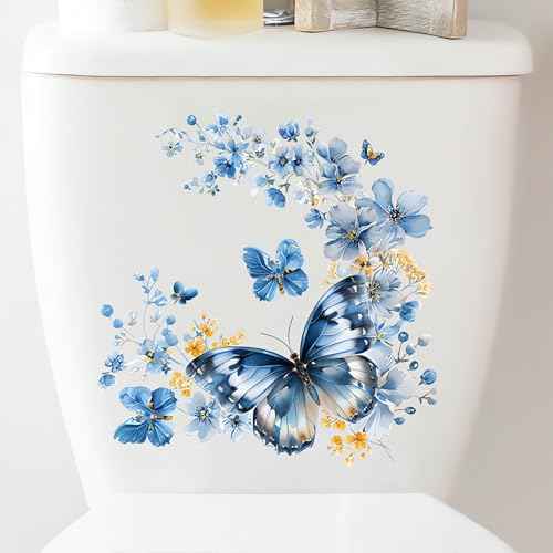 2 Sheets Blue Butterfly Flower Toilet Stickers, sacinora Butterflies Art Toilet Lid Decals Removable Vinyl Peel and Stick Wall Stickers for Bathroom Restroom WC Bathtubs Door Furniture Home Decoration