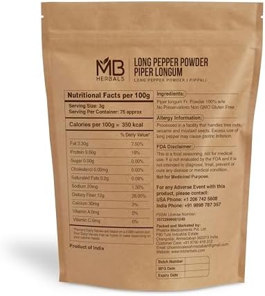 MB Herbals Long Pepper Powder 100g (3.5oz) | Piper longum | Seasoning for Meat Fish Malabar & South Indian Curries | Strong Aroma & Hotter than Black Pepper