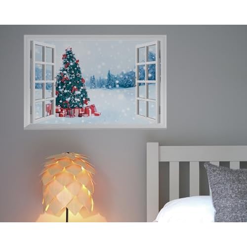 FLFK Fake Window Wall Decal - Christmas Tree Faux Window Wall Mural for Wall Decor, Peel and Stick Wall Sticker,24"x16"