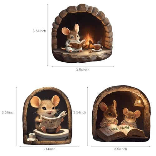 3PCS 3D Mouse Hole Wall Decals Peel and Stick ? Cute Cartoon Mice Reading and Relaxing, Decorative Vinyl Wall Stickers for Kids Room, Bedroom, Nursery, Book Nook, Door Corner or Baseboard Decor