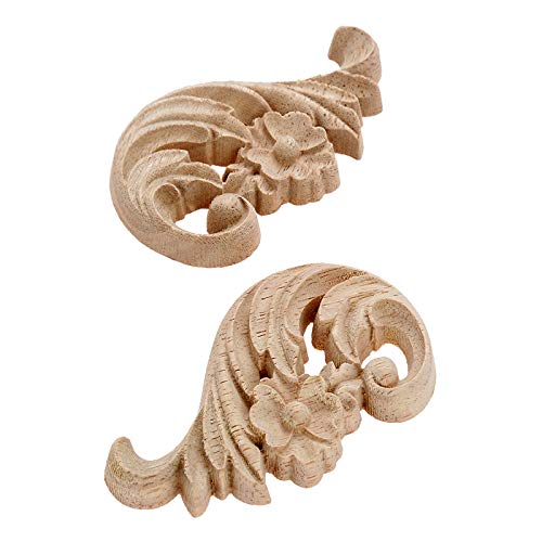 MUXSAM 1-Pair Rose Carved Wood Appliques Onlay, 8.5x5x1cm/3.35x1.97x0.39inch, Door Decorative Excellent Funiture Decal Sticker for Cabinet Drawer Window Dresser