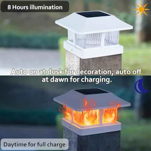 Dynaming Solar Flame Post Cap Lights Outdoor, Solar Powered White Shell Fence Post Light, Flickering Flame LED Lamps Waterproof for Garden Deck Patio, Fit 4x4, 5x5 or 6x6 Vinyl/Wooden Posts, 8 Pack