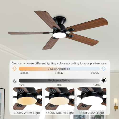 Ceiling Fans with Lights, 52 Inch Low Profile Ceiling Fan with Light and Remote, Flush Mount Ceiling Fan, 3CCT, Dimmable, Noiseless, Ceiling Light Fan for Bedroom, Indoor/Outdoor Use,Brown