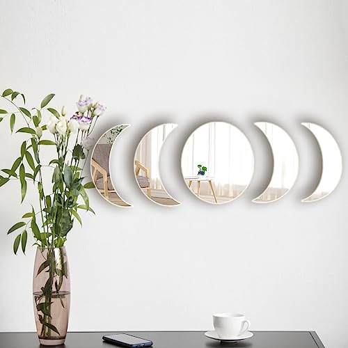 5 Acrylic Mirror Wall Stickers - Self Adhesive Moon Phase Mirrors - Bohemian Decor for Home, Living Room, Bathroom, Bedroom (15cm)