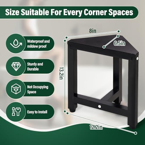TYYIHUA Shower Foot Stool for Shaving Legs 13.2", Bamboo Shower Stool for Inside Shower, Corner Shower Foot Rest for Small Spaces, Waterproof Small Shower Bench for Bathroom, Black