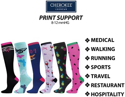 Cherokee Women's 10-15mmHg Compression Socks – Fun Print Knee Highs with Light Support, Soft Feel - PRINTSUPPORT