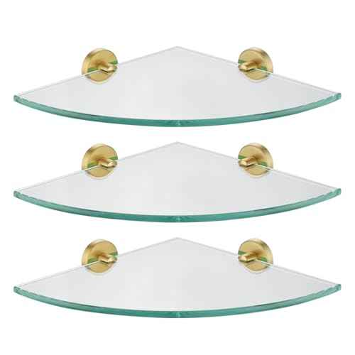 JQK Corner Glass Shelf, Brushed Gold Bathroom 304 Stainless Steel Shower Triangle Floating Wall Shelf, 10 x 10 Tempered Glass, 3 Pack, TGS190L10-BG-P3