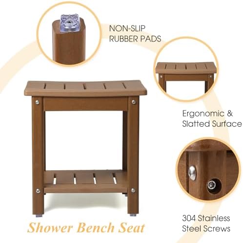 Shower Chair, HDPE Shower Bench for Inside Shower to Sit On It, Shower Stool with Storage Shelf 2-Tier Spa Stool for Elderly,Water Resistant & Non-Slip Design Shower Seat Bench (Teak S Size)