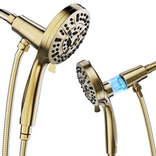 High Pressure 10 Ways Handheld Shower Head Brushed Gold- Anti-clog Nozzles, Built-in Power Wash to Clean Tub, Wall & Overhead Brackets,Magnetitc Rainfall Shower Wand,Built-in 2 Power Jet