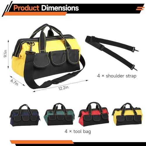 4 Pcs Tool Bags for Men, Heavy Duty Waterproof Tool Tote Bags with Shoulder Straps, Multi Pockets Tool Organizers with Wide Mouth and Hard Bottom for Electrician, Carpenter