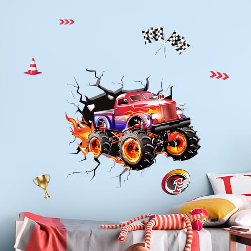 Supzone 3D Racing Car Wall Decals for Boys Room, Fast Racing Truck Break Through The Wall Vinyl Wall Sticker for Kids Room Nursery Playroom Classroom
