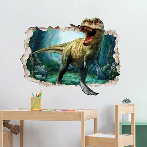 Supzone Large 3D Broken Dinosaur Wall Decals for Boys Room, Break Through The Wall Vinyl Wall Sticker for for Kids Bedroom Nursery Playroom Classroom