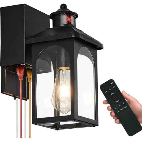Porch Light with GFCI Outlet: Motion Sensor Porch Lights Outdoor with Remote Control Dusk to Dawn Exterior Lighting Fixtures Black Modern Outdoor Wall Lights for House Garage Patio Front Door