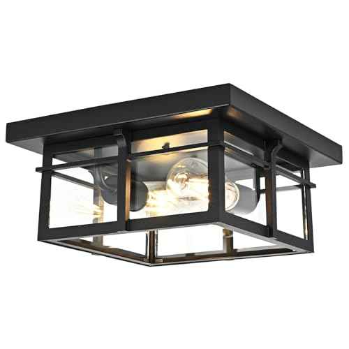 Farmhouse Ceiling Light Fixture Black 2-Light with Clear Glass, Square Flush Mount Ceiling Light for Hallway Kitchen Bedroom Porch
