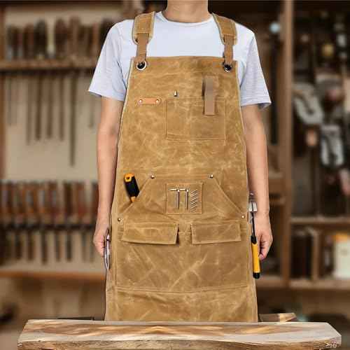 Men's Waxed Canvas Woodworking Apron With Pockets Heavy Duty Workshop Apron Adjustable Cross Straps to S-3XL