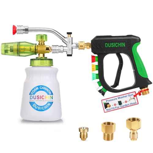 DUSICHIN Short Pressure Washer Gun Foam Cannon Nozzle Dual Connector Shift Valve, Car Wash Foam Cannon Kit 1/4 Inch Quick Connector, 5 Pressure Washer Nozzle Tips,Double Tip Attachment For Soap Cannon