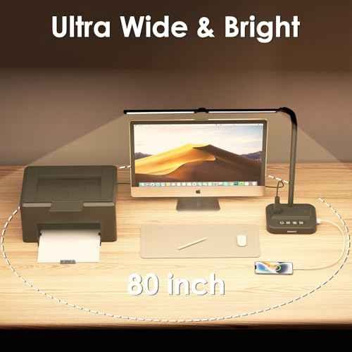 Adjustable LED Desk Lamp for Home Office | Integrated Power Hub with 2 Wide-Spaced AC Outlets, USB-C & USB-A Charging Ports | Anti-Glare Light, Foldable Design & Surge Protection