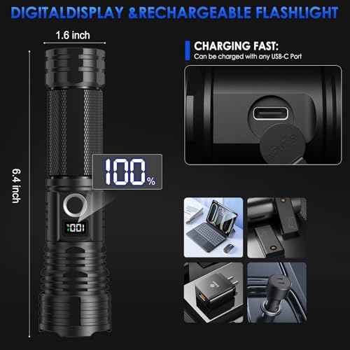 Flashlights High Lumens Rechargeable, 90,000 Lumen Super Bright Tactical Flashlight, High Powered Flash Light with 5 Modes, IPX7 Waterproof Flashlights for Home, Camping, Emergencies