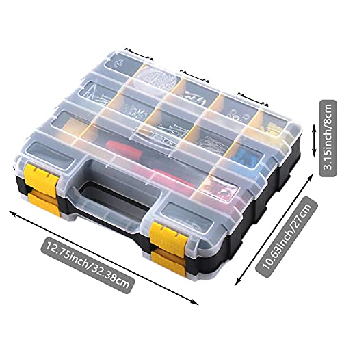 Hardware Organizer Box 34 Compartments Small Parts Organizer with Removable Dividers Durable Plastic Double Side Tools Box Screw Organizer For Nuts, Bolts, Screws, Nails, Small Hardware (Yellow)