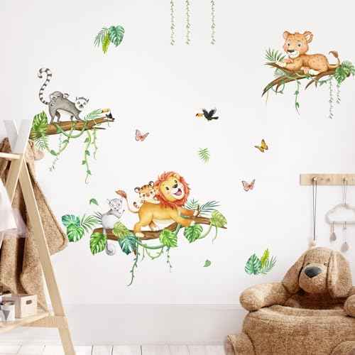 Tanlaby Jungle Animals Wall Decals Forest Lion on Tree Branches Wall Stickers Peel and Stick Cartoon Art Decor for Baby Nursery Kids Bedroom Playroom Daycare Classroom