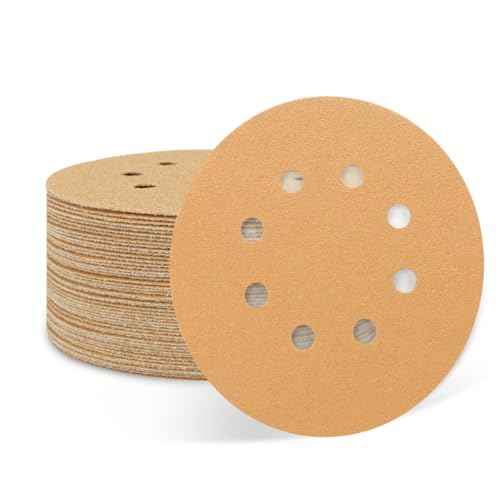 50 PCS 100 Grit 5 Inch 8 Hole Sanding Discs, Hook and Loop Gold Sandpaper Pads for Random Orbital Sander