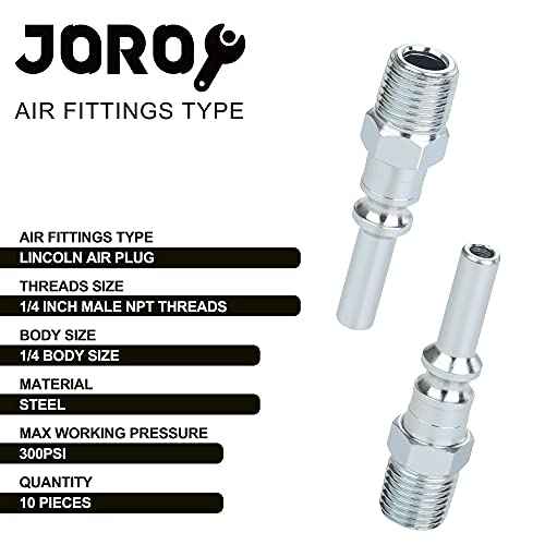 Lincoln L-style Air Hose Fittings, 1/4 Inch Flow Size, 1/4 Inch Male Threads Size, Steel Material, 300PSI, 10 Pieces Air Compressor Accessories Fittings