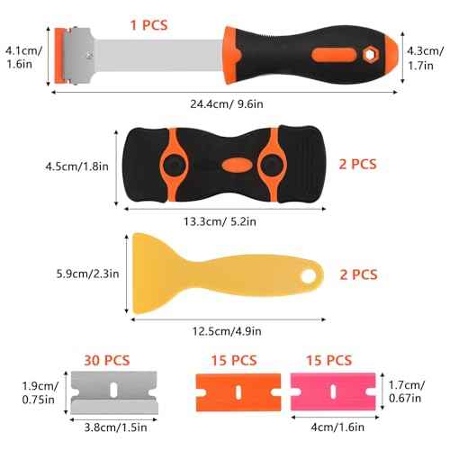 2 Pcs 2-in-1 Razor Blade Scraper Tool with 30Pcs Plastic Blades, 30Pcs Metal Blades and 2Pcs Plastic Cleaning Scrapers for Decals, Stickers, Labels, Caulk, Adhesive, Paint Removal