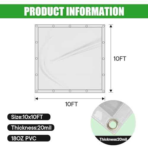 Clear Tarp Heavy Duty Waterproof 10 x 10 FT, 20 Mil Clear Tarps with Grommets, Heavy Duty Clear Vinyl Tarp for Patio Pergola Garden Canopy Rainproof Wind-Proof Anti-Tear (10 x 10FT)