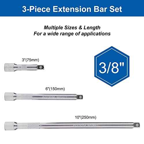 3 Pieces 3/8 Inch Drive Socket Extension Set Includes 3 6 10 Inch Extensions Premium Chrome Vanadium Steel with Mirror Finish